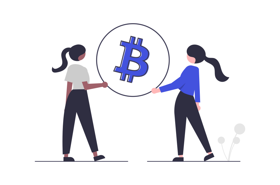 two woman next to a bitcoin